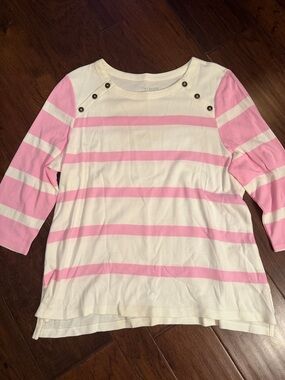 Talbots Pink and White Striped Boatneck Top with Shoulder Buttons
